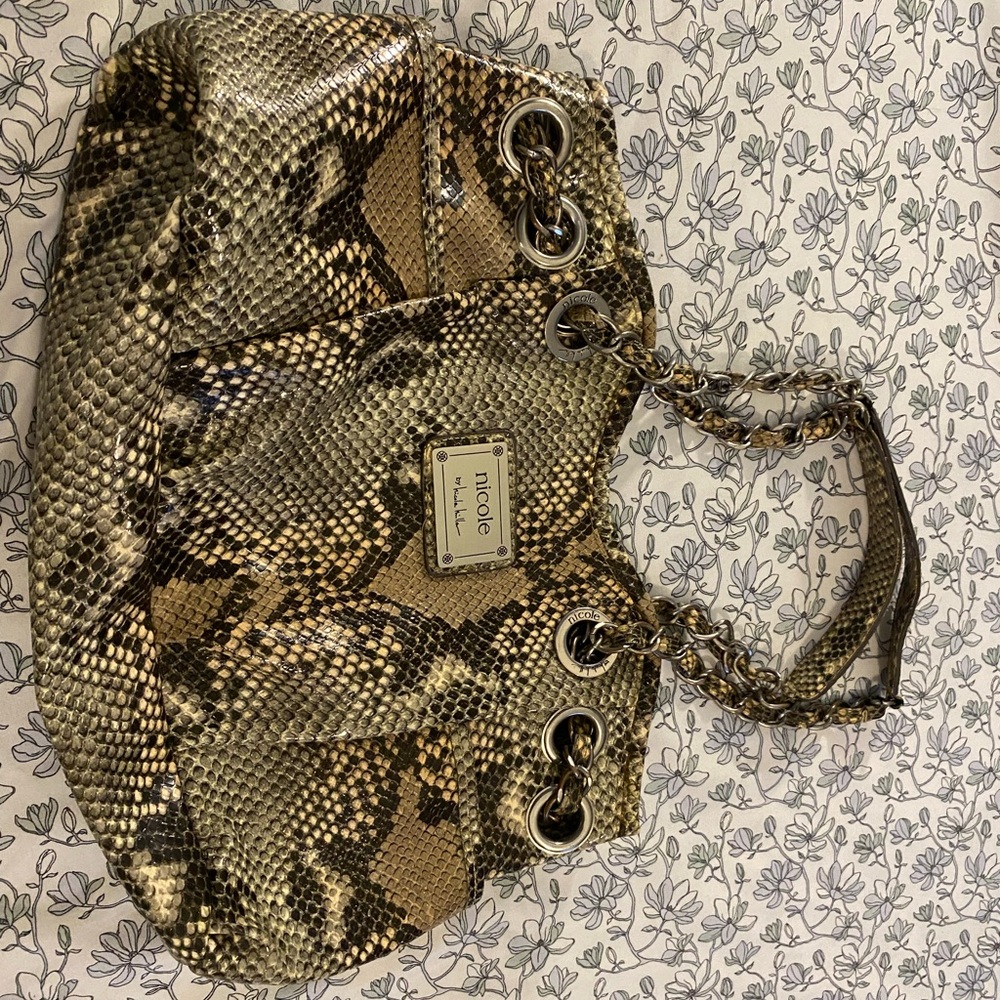 Nicole Miller Brown and Tan Snake Print Shoulder Bag
